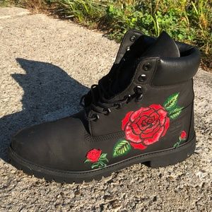 Custom black Timberland boots with rose design